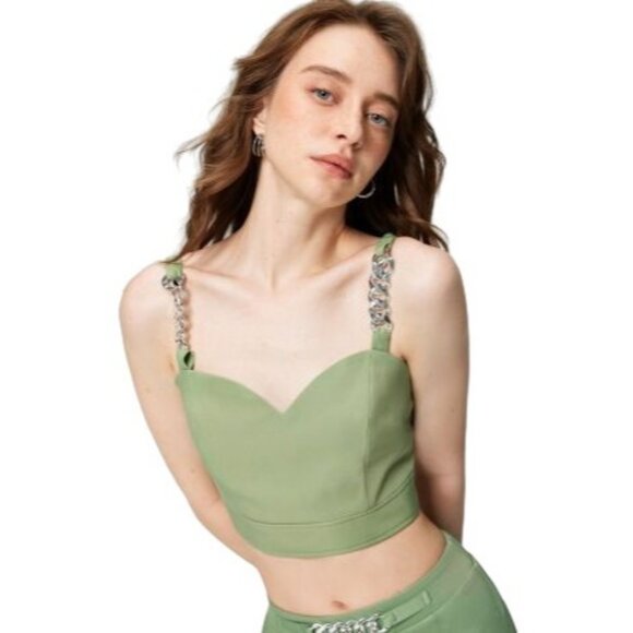 2/$30 NWT Cider L Green NWT Cropped Bustier Top Silver Chain Straps & Back Zip - Picture 7 of 12